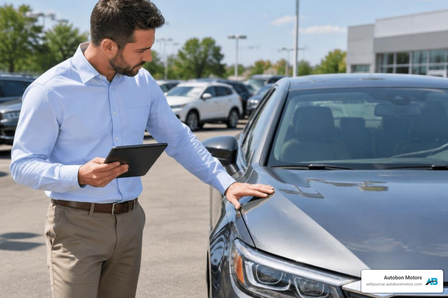 Automotive appraiser inspecting a vehicle with a digital tablet Automotive appraiser inspecting a vehicle with a digital tablet