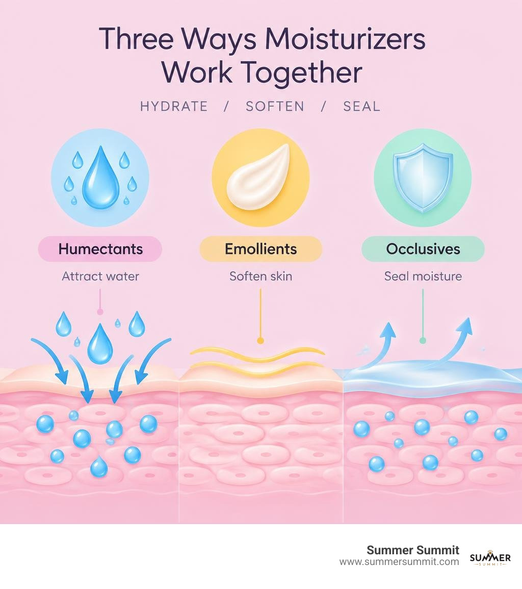 Infographic showing humectants attract water, emollients soften skin, and occlusives seal moisture infographic