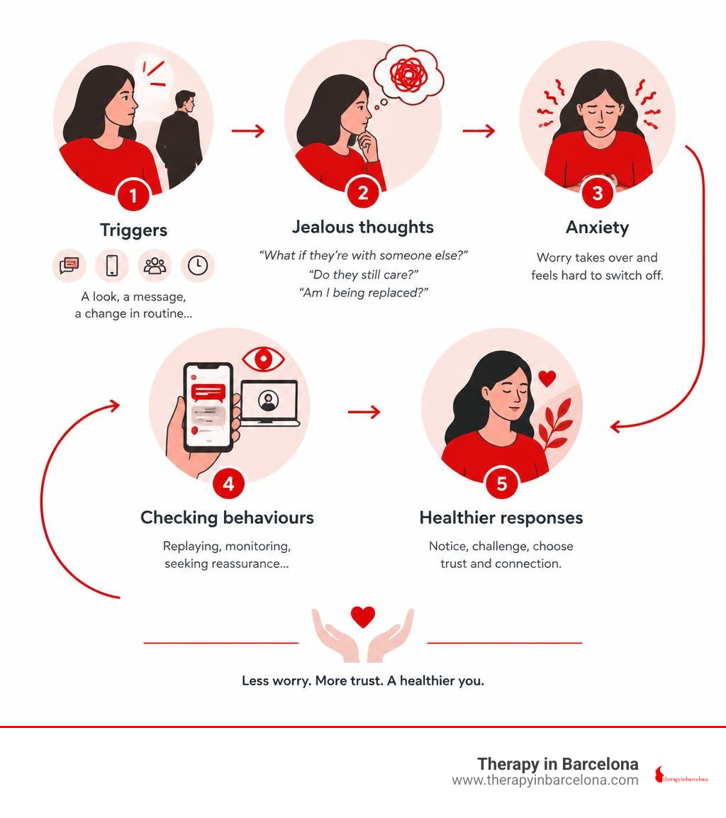 Infographic showing triggers, jealous thoughts, anxiety, checking behaviours, and healthier responses infographic