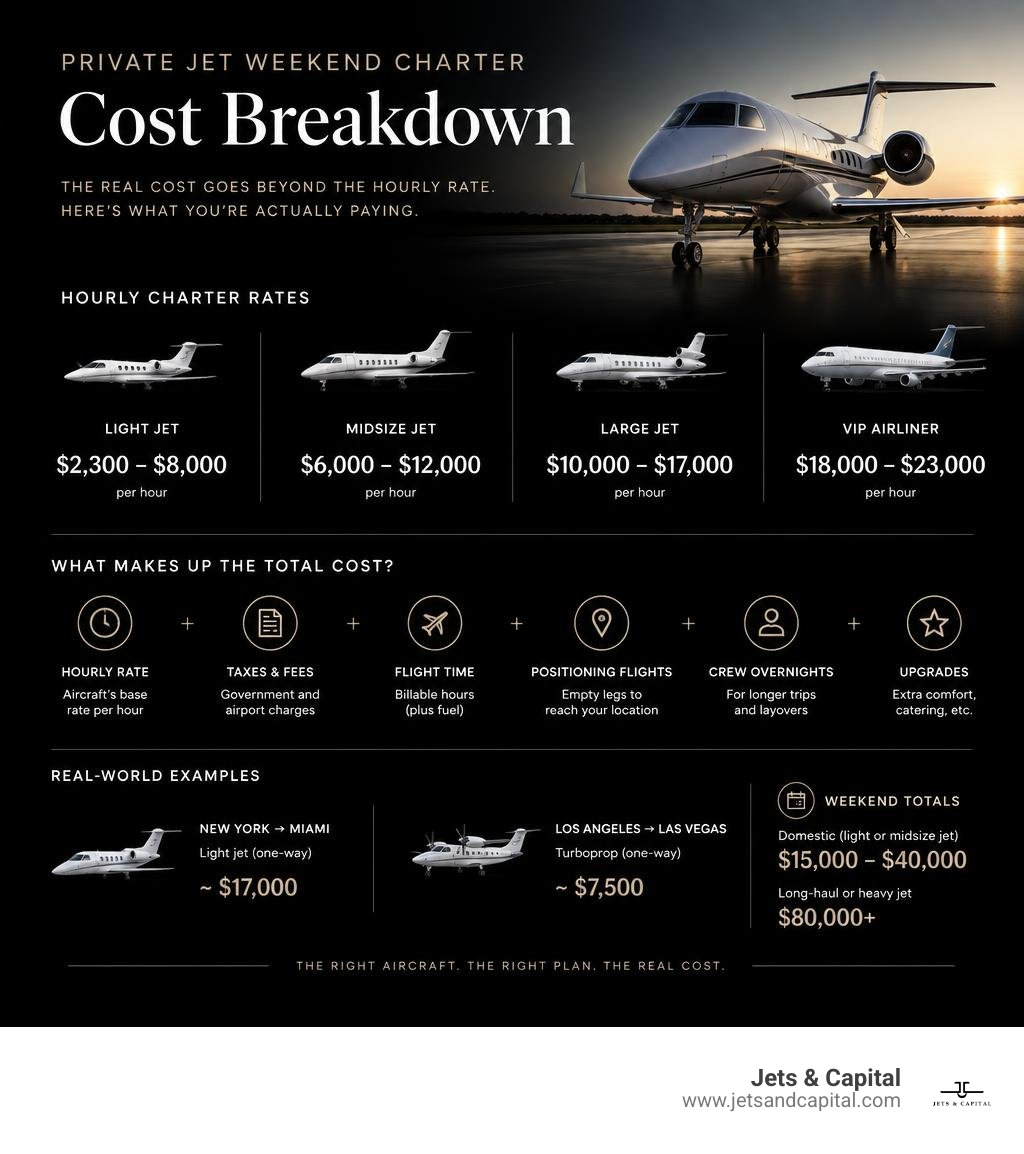Private jet weekend charter cost breakdown infographic Private jet weekend charter cost breakdown infographic