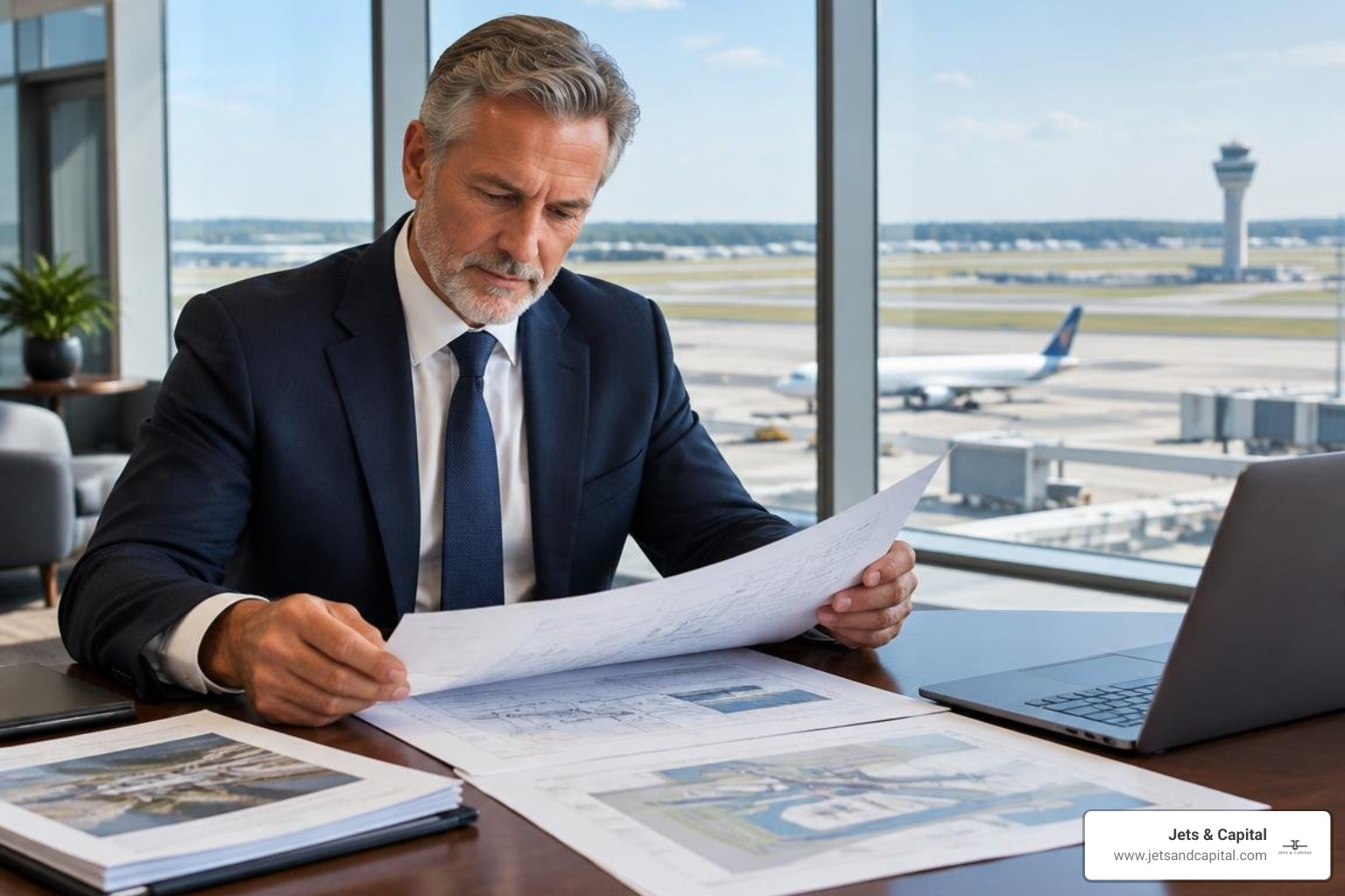 senior aviation executive reviewing infrastructure documents in a terminal suite senior aviation executive reviewing infrastructure documents in a terminal suite