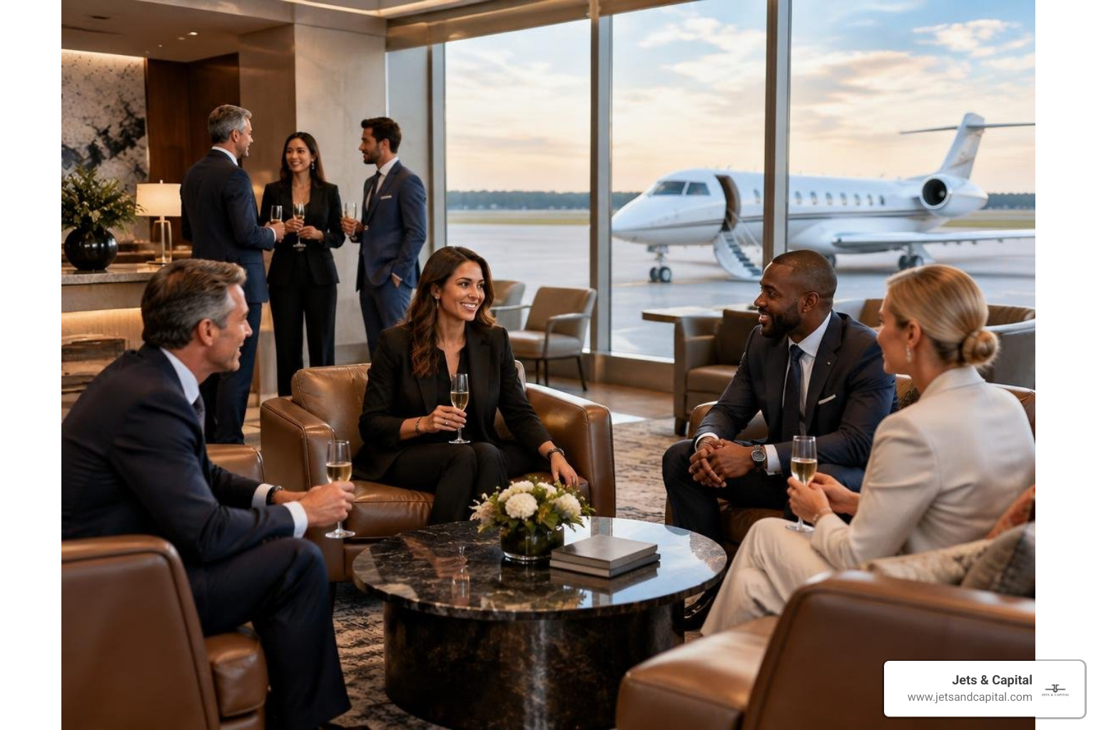 executive leaders networking inside a luxury private aviation lounge executive leaders networking inside a luxury private aviation lounge