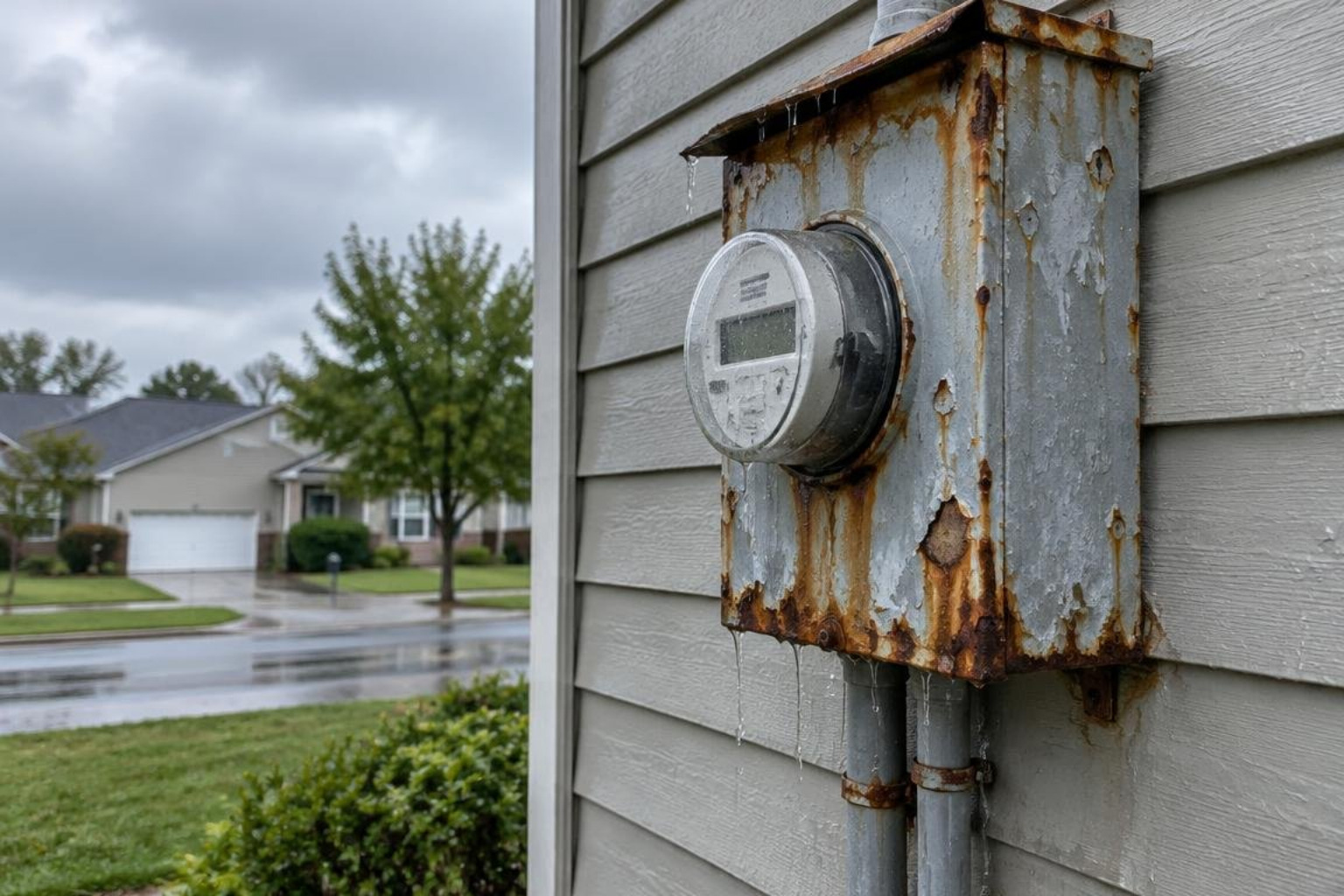 outdoor electrical meter pan damaged by storm-driven rainwater