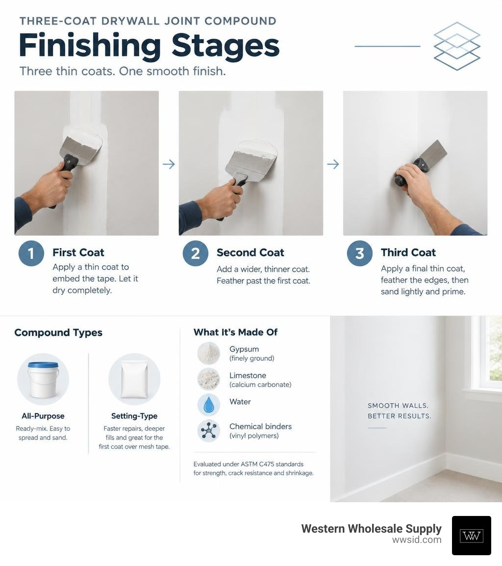 Three-coat drywall joint compound finishing stages infographic Three-coat drywall joint compound finishing stages infographic