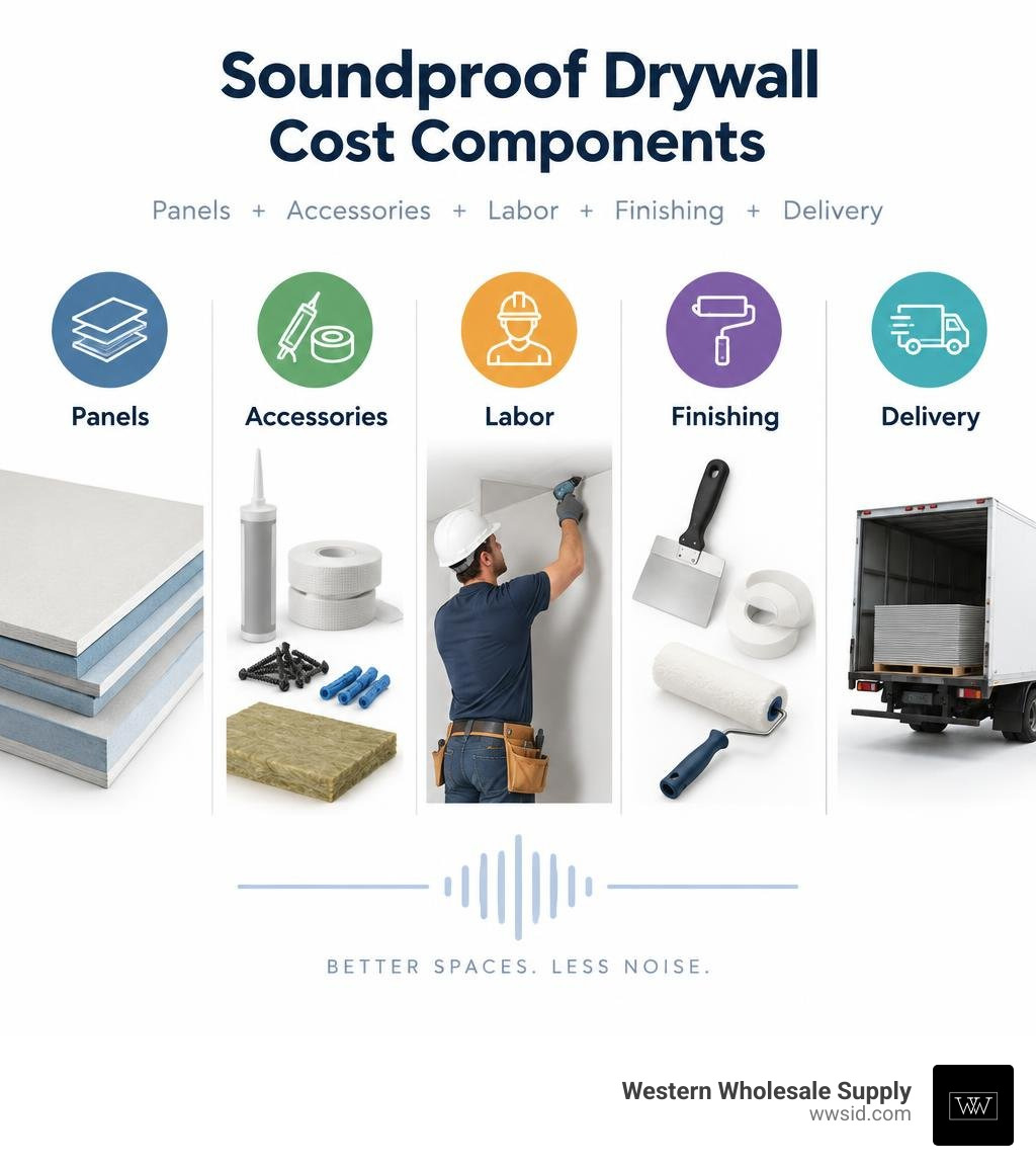 Soundproof drywall cost components: panels, accessories, labor, finishing, delivery infographic Soundproof drywall cost components: panels, accessories, labor, finishing, delivery infographic