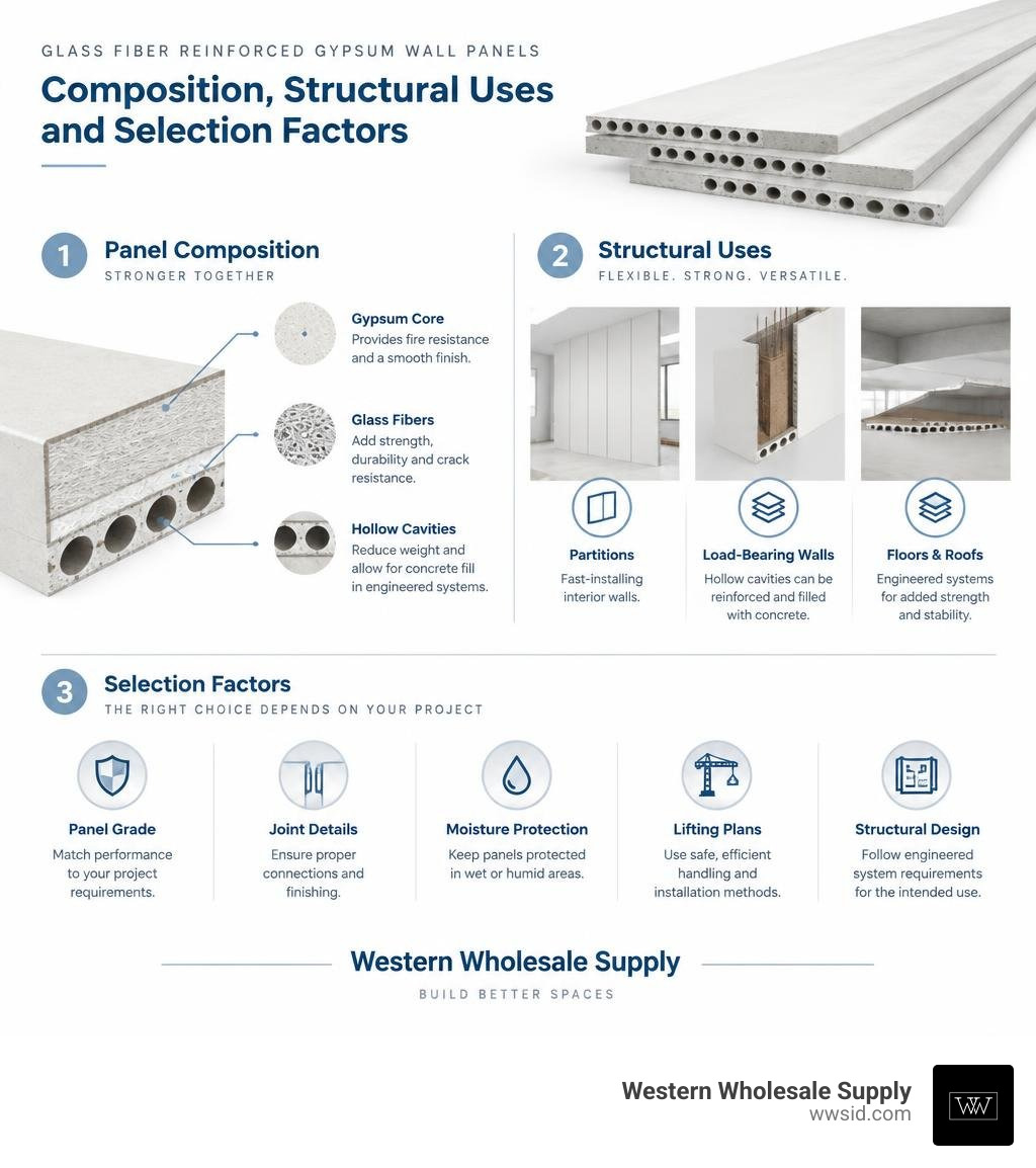 GFRG panel composition, structural uses, and selection factors infographic GFRG panel composition, structural uses, and selection factors infographic