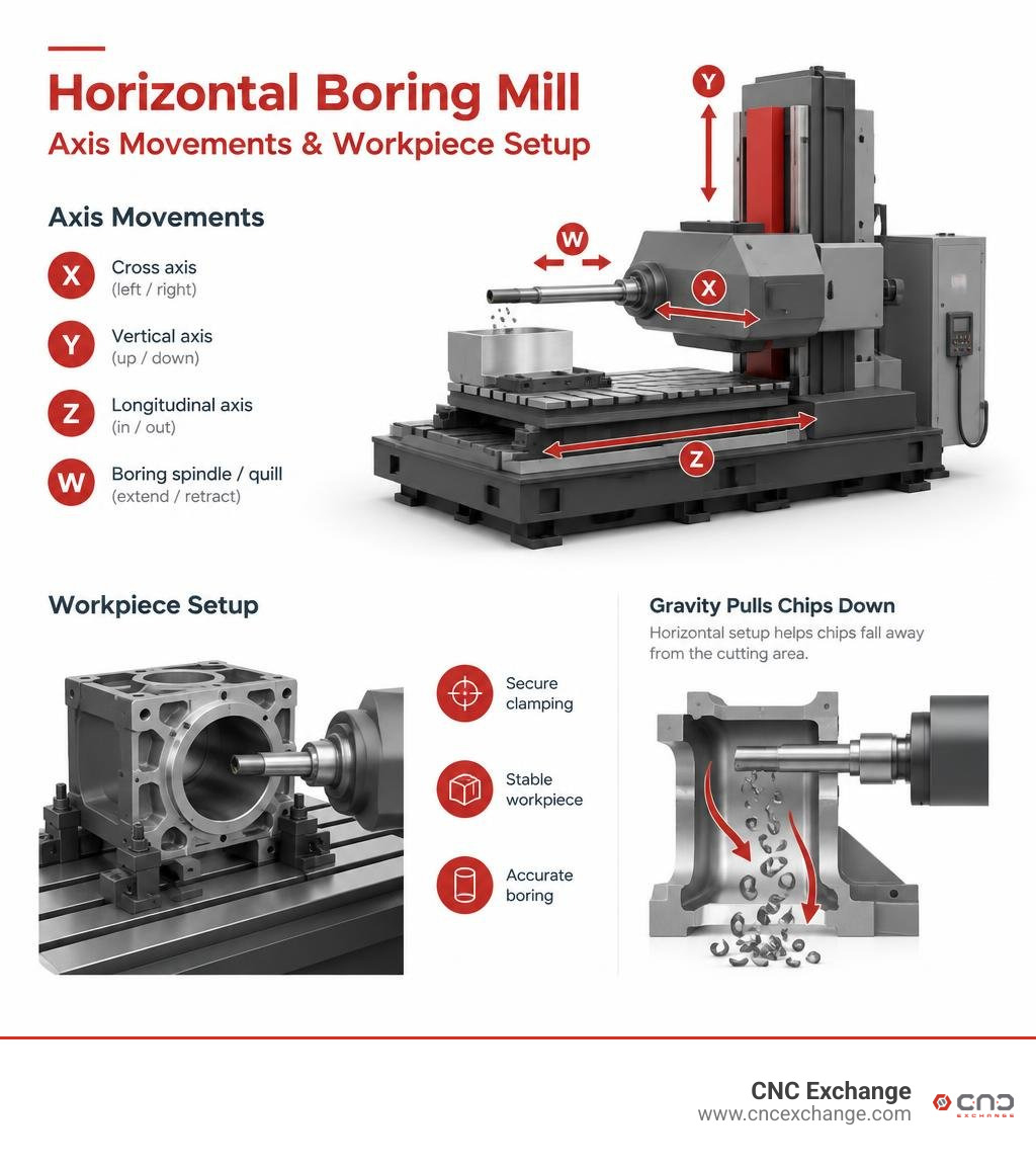 horizontal boring mill axis movements and workpiece setup infographic