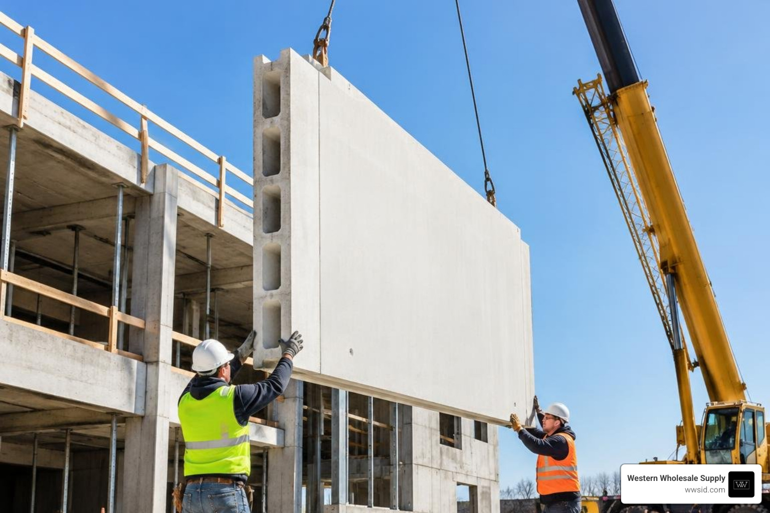 Crane hoisting precast GFRG cavity wall panel into place on building site Crane hoisting precast GFRG cavity wall panel into place on building site