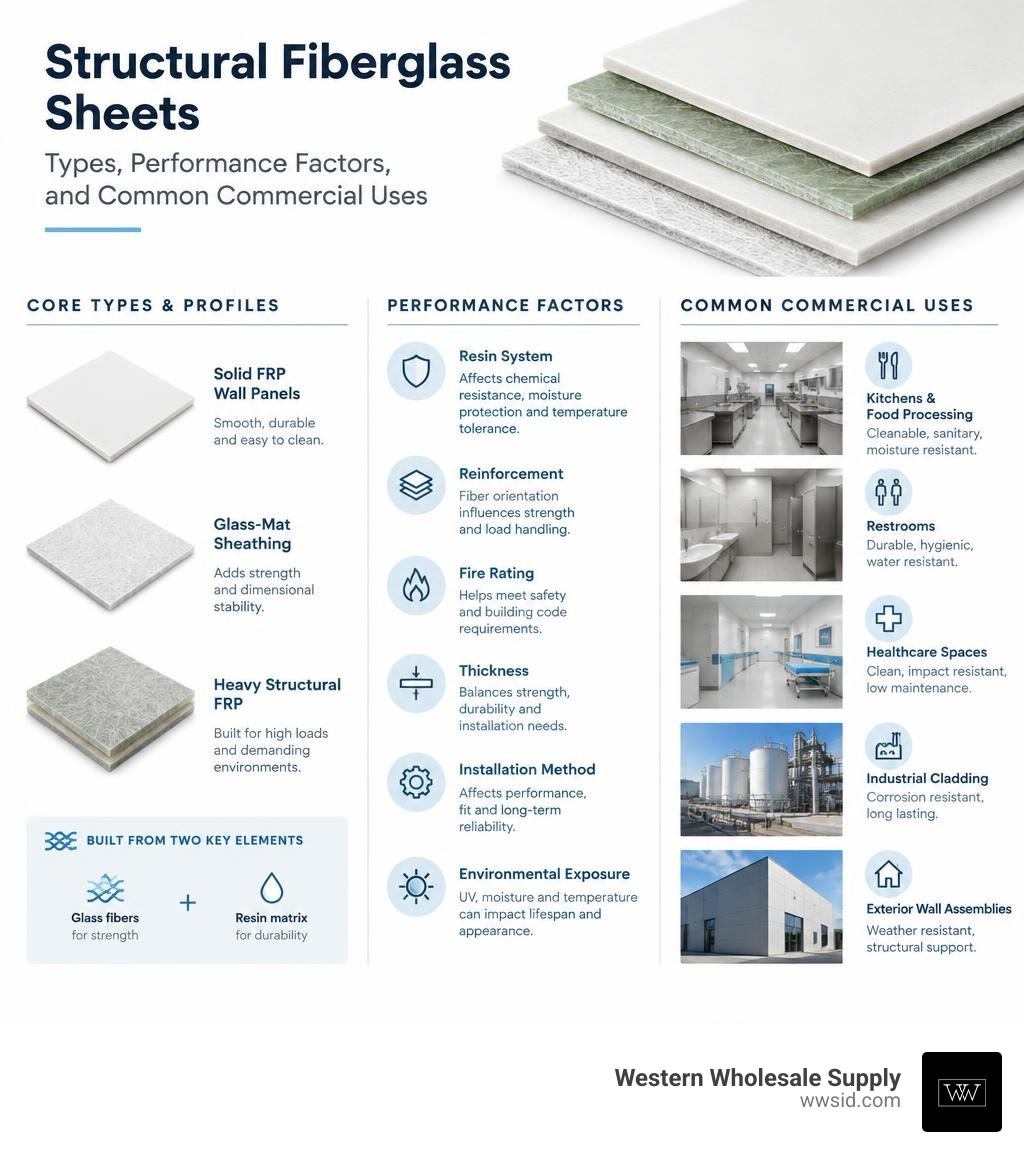 Structural fiberglass sheet types, performance factors, and common commercial uses infographic Structural fiberglass sheet types, performance factors, and common commercial uses infographic