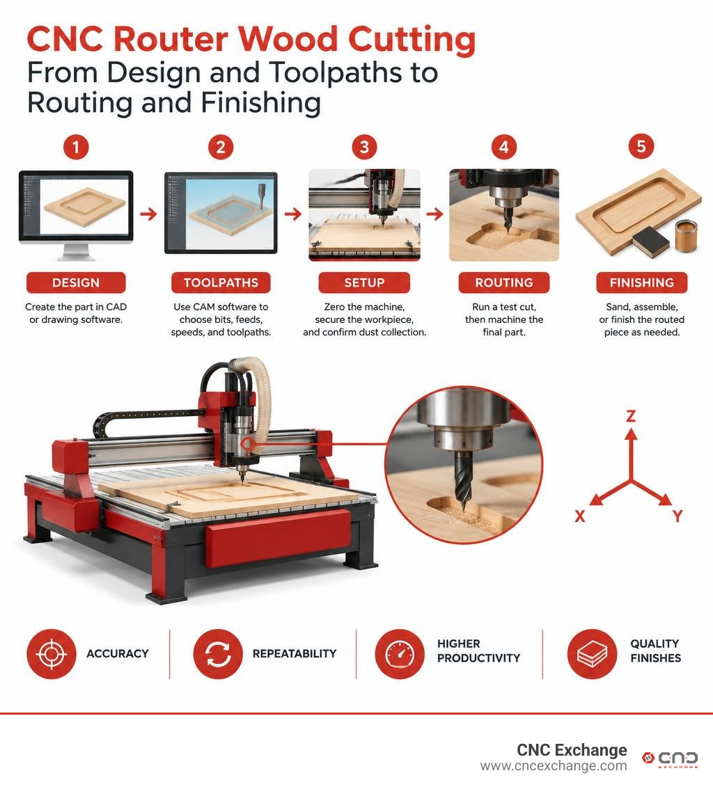 CNC router wood cutting workflow from design and toolpaths to routing and finishing infographic