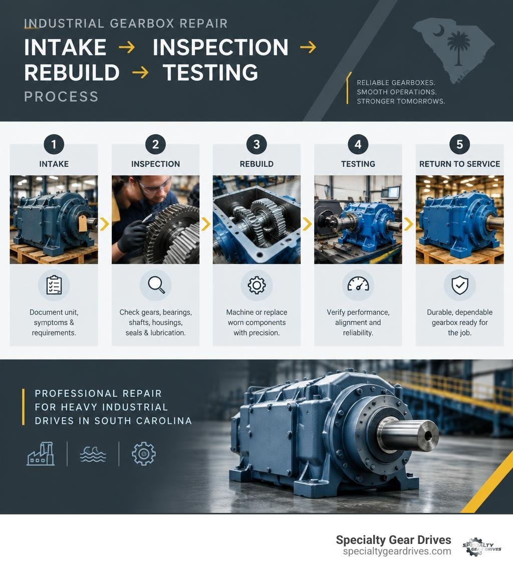 Industrial gearbox repair intake inspection rebuild testing process infographic Industrial gearbox repair intake inspection rebuild testing process infographic