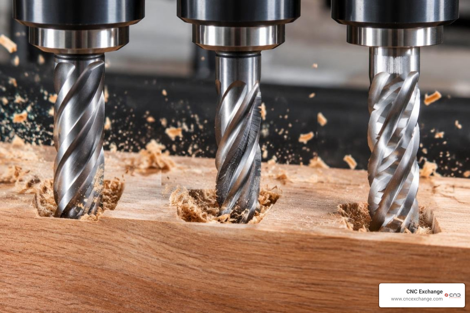 Upcut, downcut, and compression spiral endmills cutting solid hardwood joinery