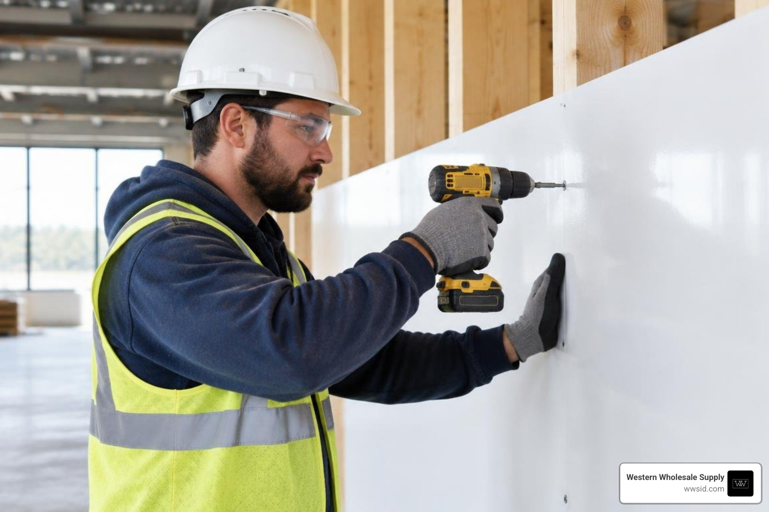 Contractor fastening structural fiberglass sheets to framing Contractor fastening structural fiberglass sheets to framing