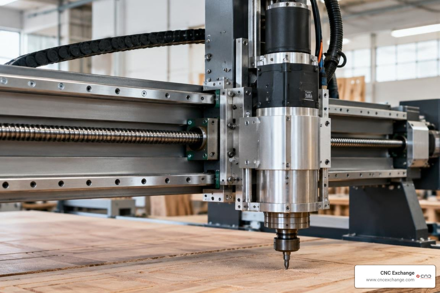 Linear guide rails and precision drive mechanics on a CNC router gantry