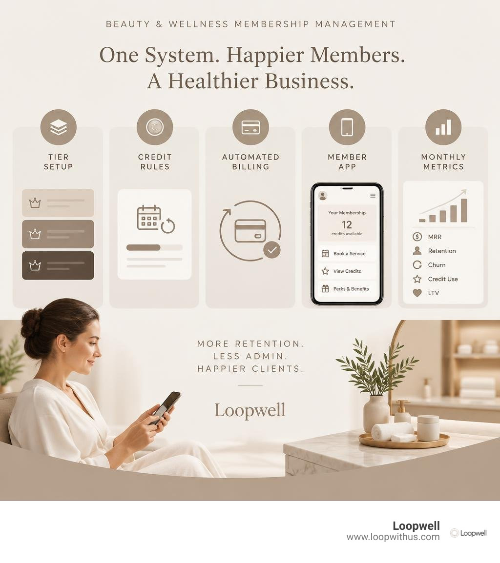 Infographic comparing tier setup, credit rules, automated billing, member app, and monthly metrics infographic
