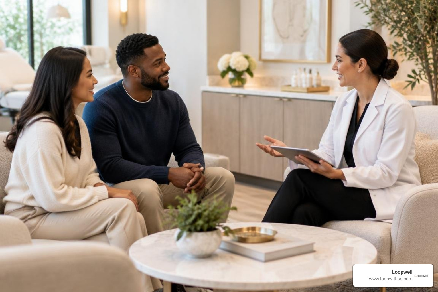 Diverse men and women in a luxurious wellness and aesthetic consultation suite