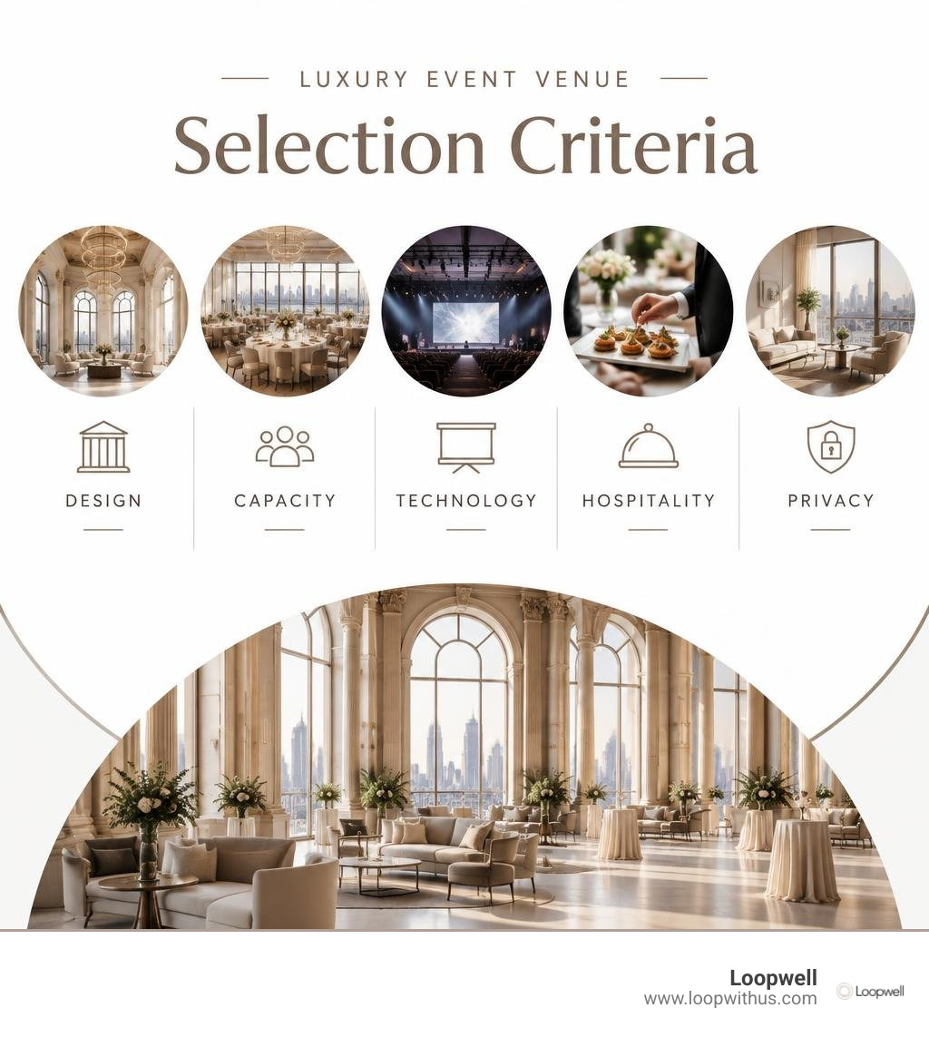 Luxury venue selection criteria: design, capacity, technology, hospitality, and privacy infographic