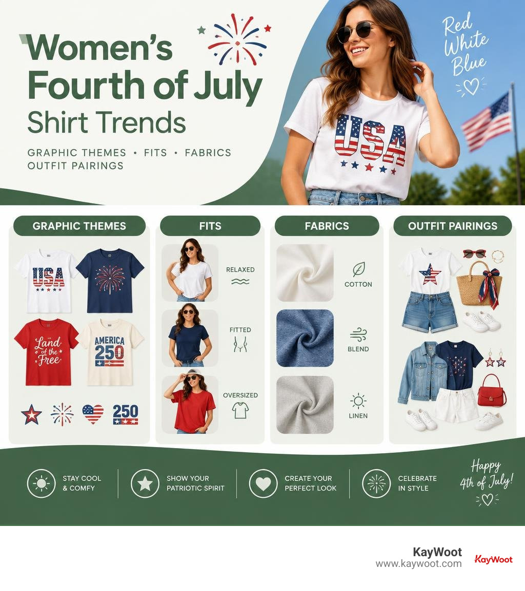 Women's Fourth of July shirt trends: graphic themes, fits, fabrics, and outfit pairings infographic Women's Fourth of July shirt trends: graphic themes, fits, fabrics, and outfit pairings infographic