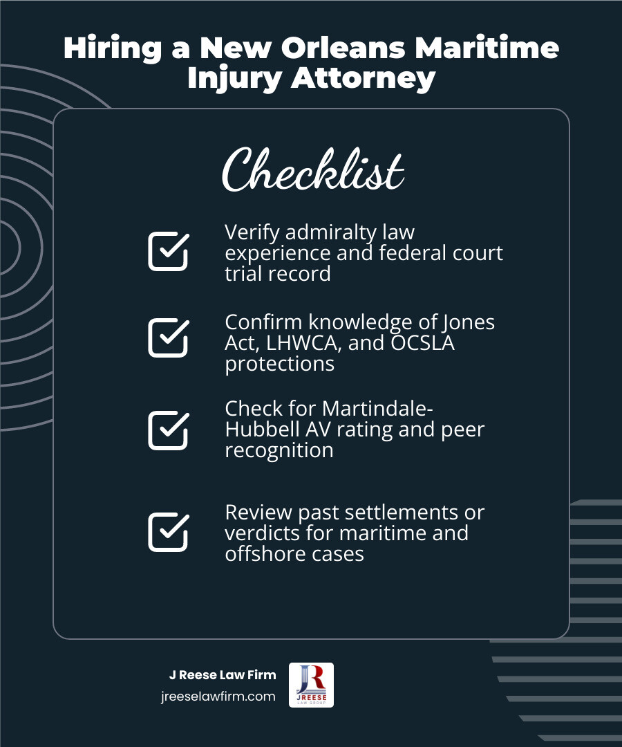 Maritime injury claim hiring checklist and key legal protections infographic Maritime injury claim hiring checklist and key legal protections infographic