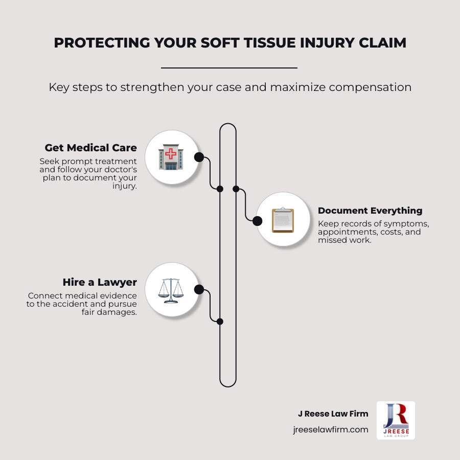 Soft tissue injury claim steps: medical care, documentation, legal review, insurance negotiation infographic Soft tissue injury claim steps: medical care, documentation, legal review, insurance negotiation infographic