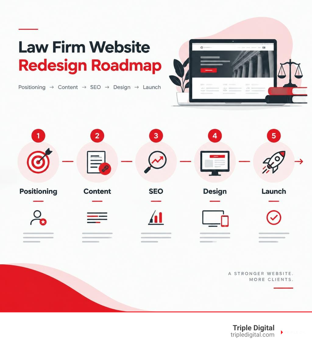 Law firm website redesign roadmap: positioning, content, SEO, design, launch infographic