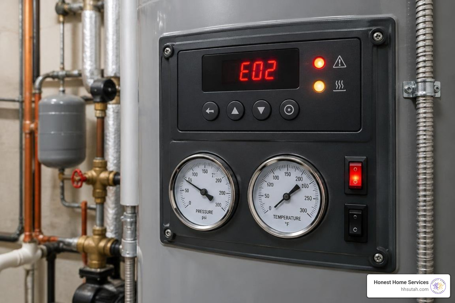 Commercial water heater control panel displaying error codes and gauges