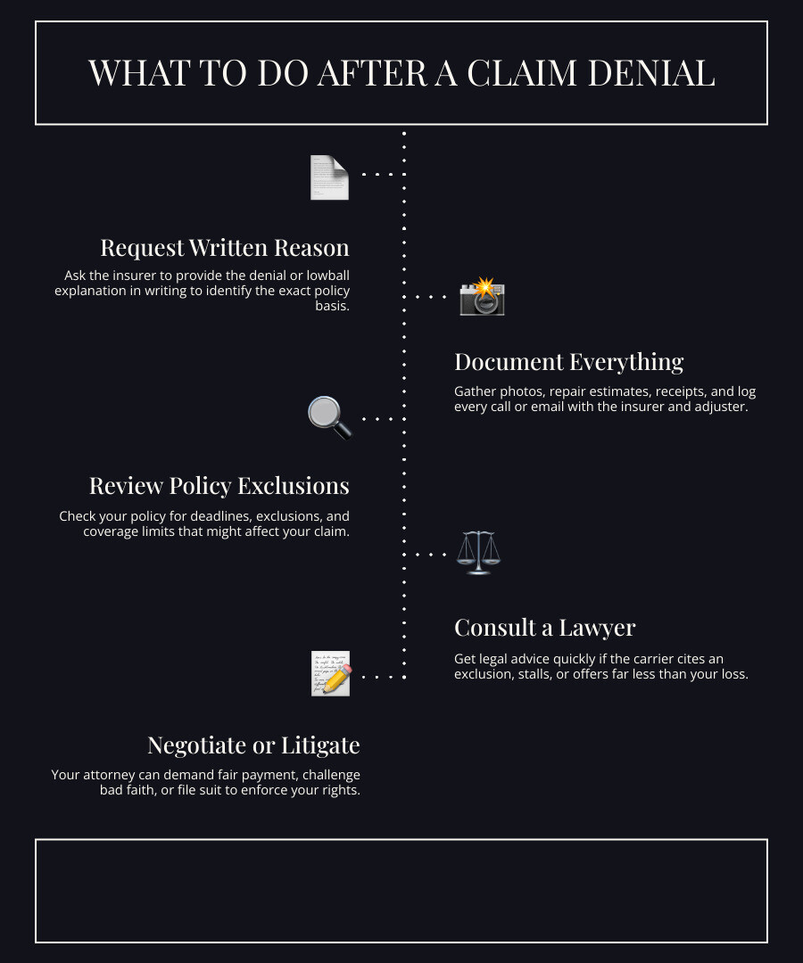 Insurance dispute steps: document loss, review denial, appeal, negotiate, and pursue legal action infographic Insurance dispute steps: document loss, review denial, appeal, negotiate, and pursue legal action infographic
