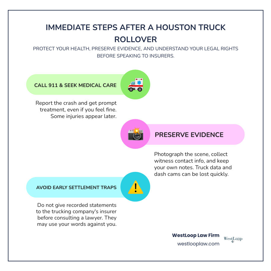Houston truck rollover claim steps and key evidence infographic Houston truck rollover claim steps and key evidence infographic