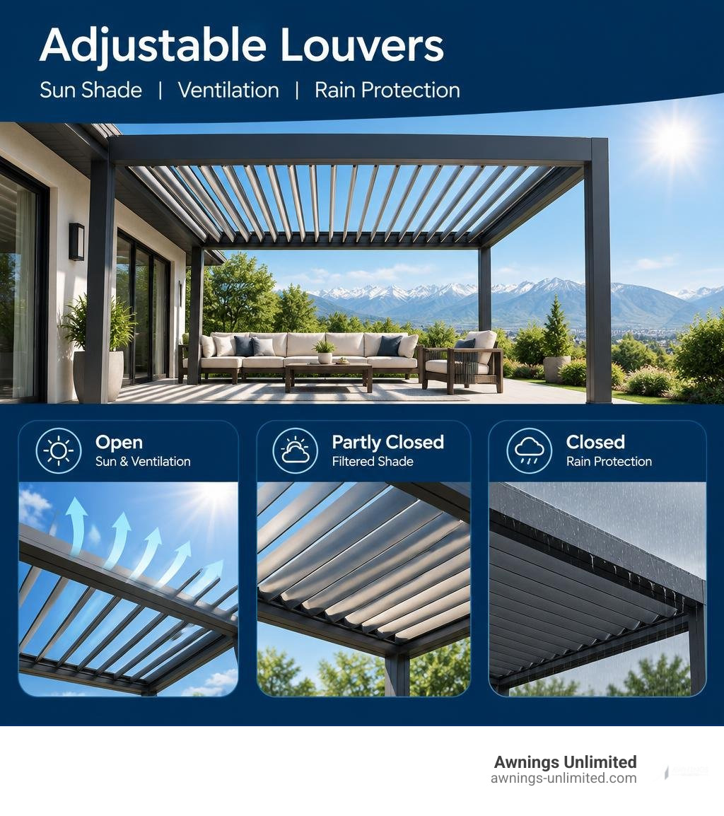 Adjustable louvers for sun shade ventilation and rain protection infographic Adjustable louvers for sun shade ventilation and rain protection infographic