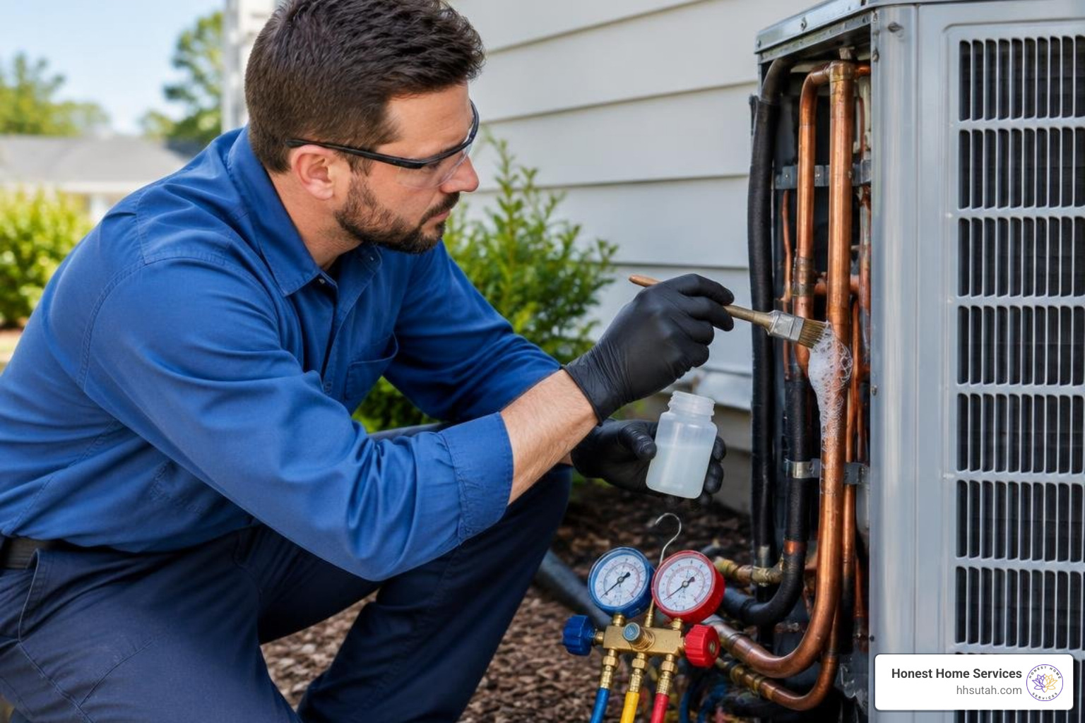 HVAC technician performing a soap bubble test on copper lines