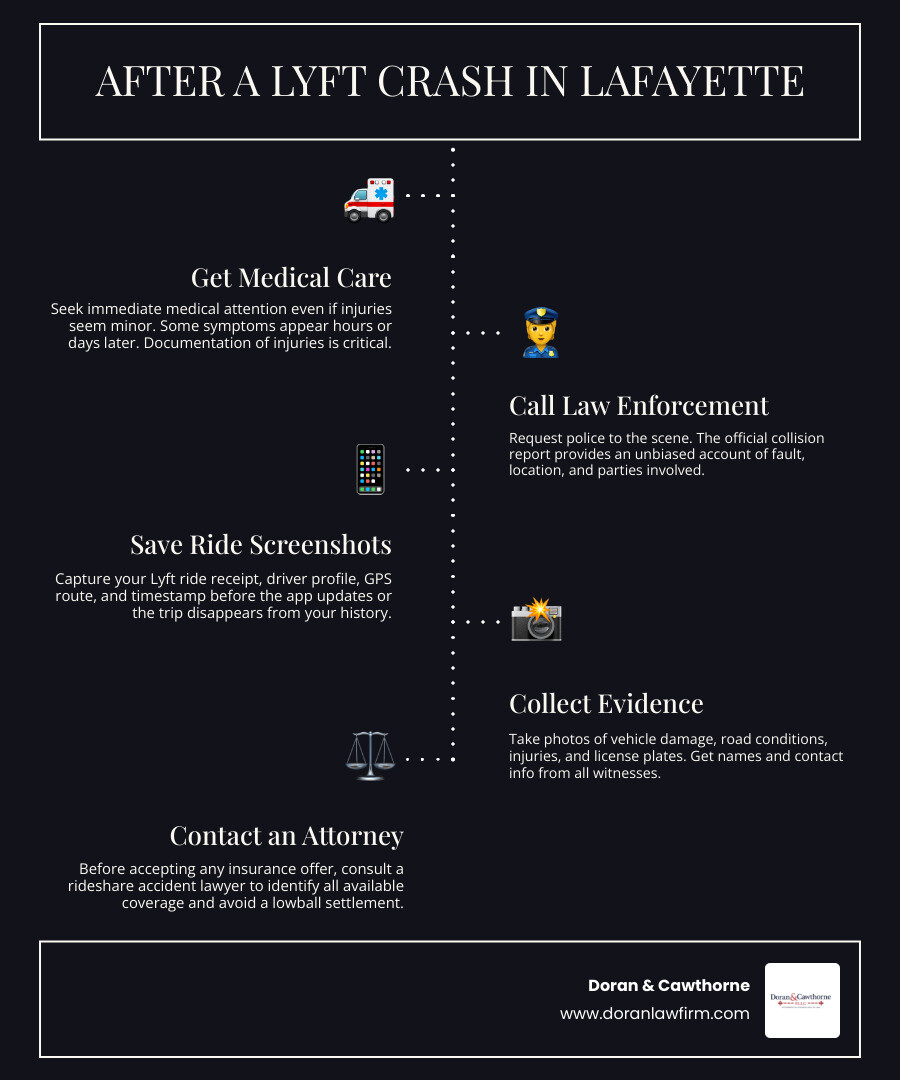 Lyft accident claim steps: medical care, evidence, insurance review, compensation claim infographic Lyft accident claim steps: medical care, evidence, insurance review, compensation claim infographic