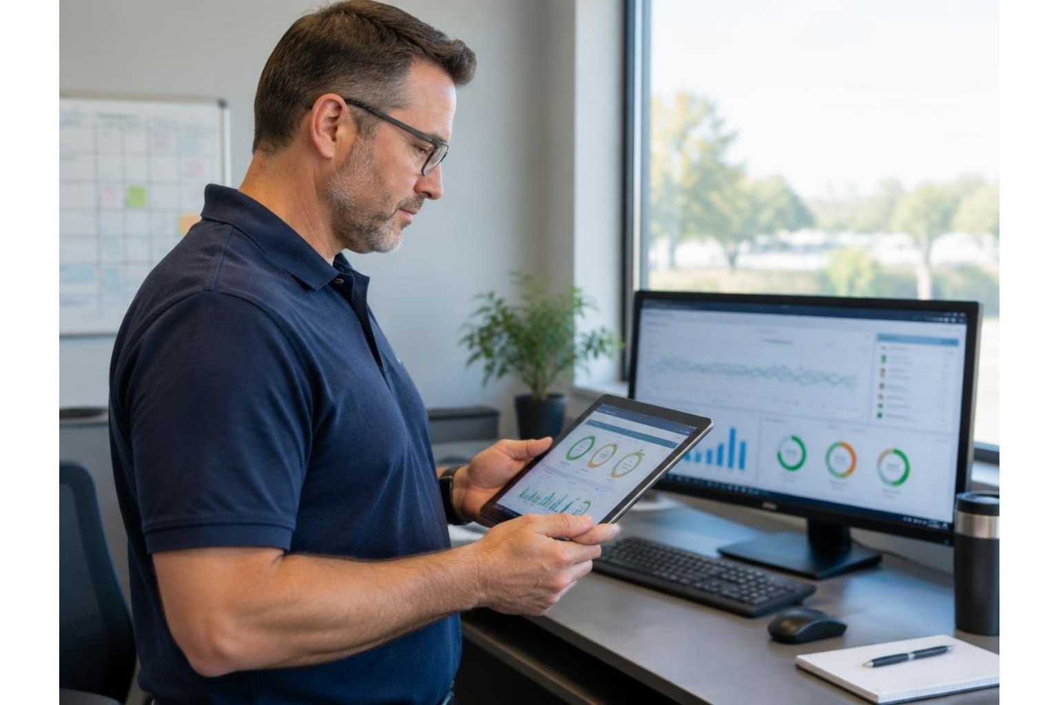 Contractor operations manager checking dispatch performance on a tablet Contractor operations manager checking dispatch performance on a tablet