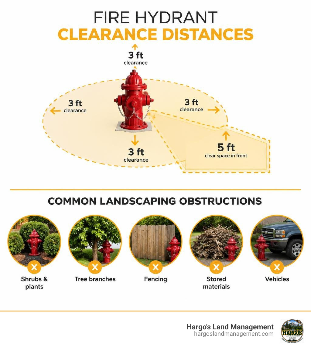 Fire hydrant clearance distances and common landscaping obstructions infographic Fire hydrant clearance distances and common landscaping obstructions infographic