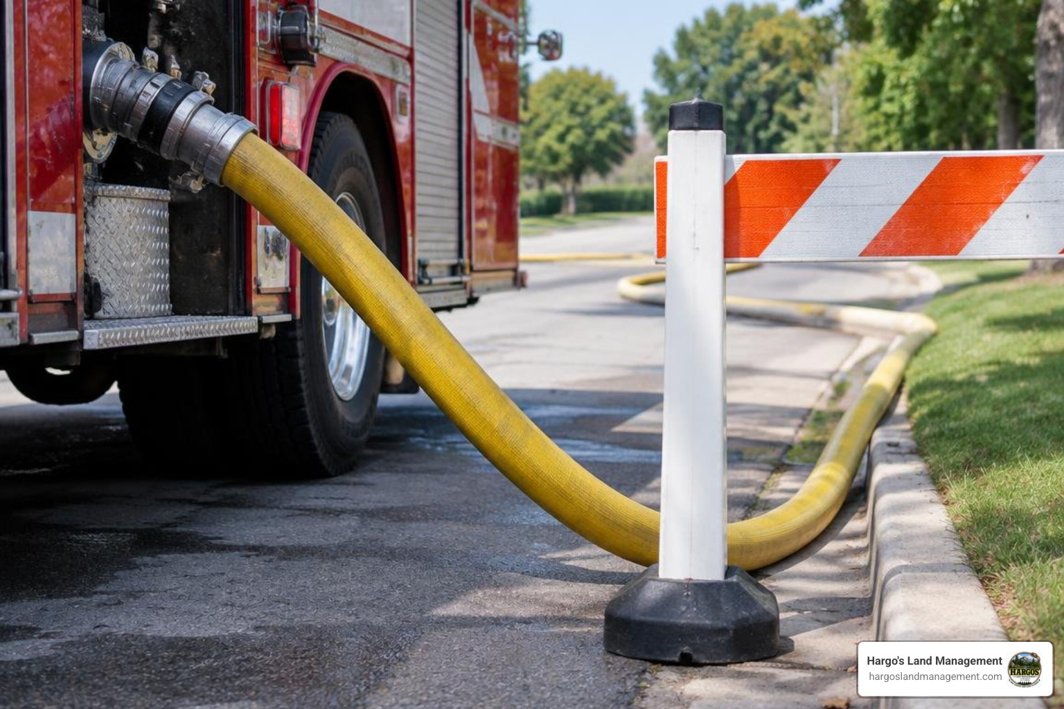 Firefighter hose connected past vehicle barrier near curb Firefighter hose connected past vehicle barrier near curb