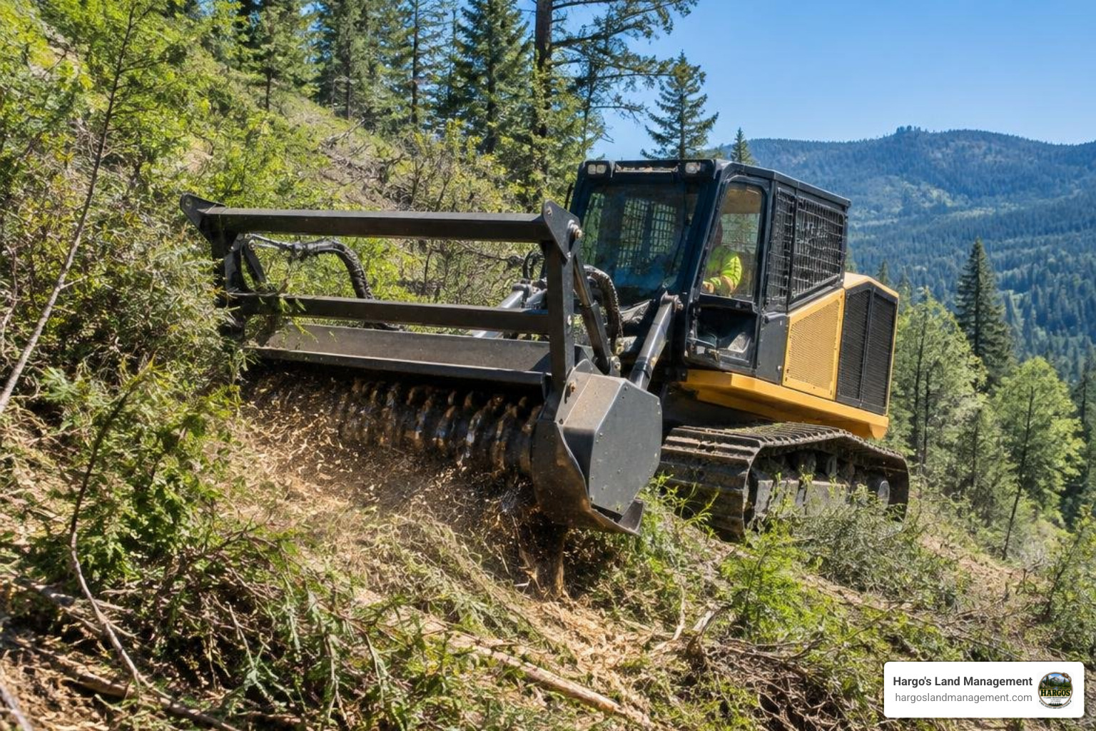 Mechanical brush clearing equipment operating on hillside Mechanical brush clearing equipment operating on hillside