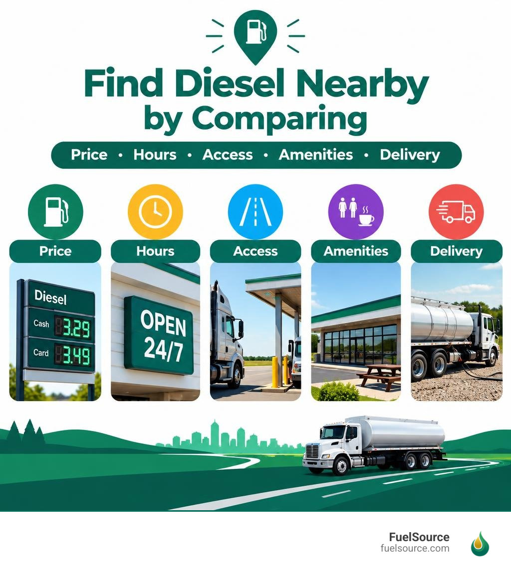 Infographic: find diesel nearby by comparing price, hours, access, amenities, and delivery infographic Infographic: find diesel nearby by comparing price, hours, access, amenities, and delivery infographic