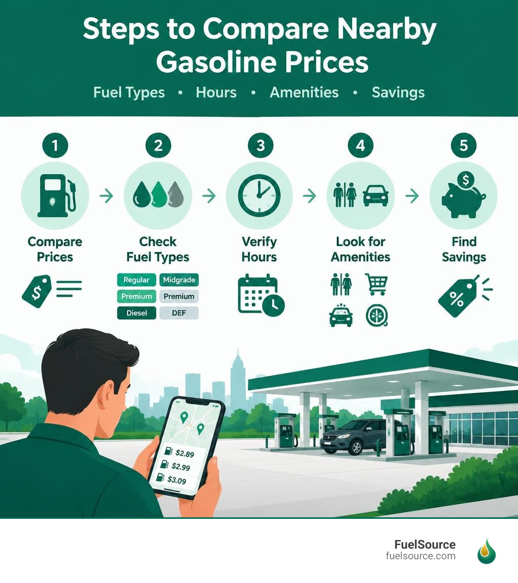 Steps to compare nearby gasoline prices, fuel types, hours, amenities, and savings infographic Steps to compare nearby gasoline prices, fuel types, hours, amenities, and savings infographic