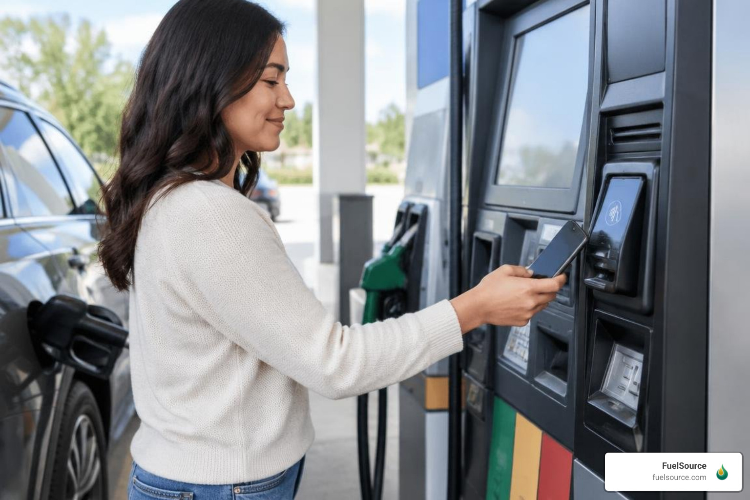 driver paying for fuel with mobile wallet at pump terminal driver paying for fuel with mobile wallet at pump terminal