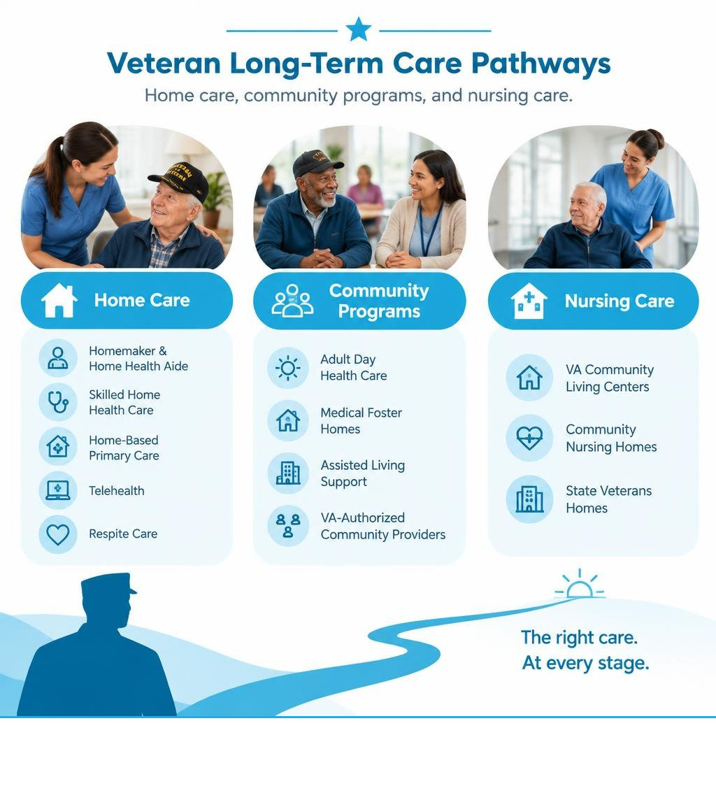 Veteran long-term care pathways: home care, community programs, and nursing care infographic Veteran long-term care pathways: home care, community programs, and nursing care infographic
