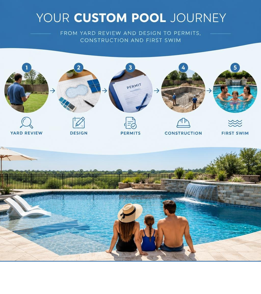 Custom pool journey from yard review and design to permits construction and first swim infographic Custom pool journey from yard review and design to permits construction and first swim infographic