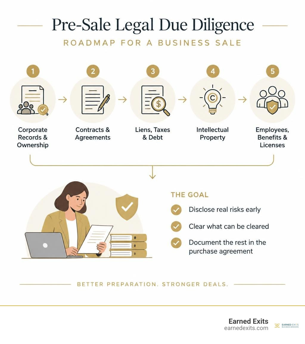 Pre-sale legal due diligence roadmap for a business sale infographic