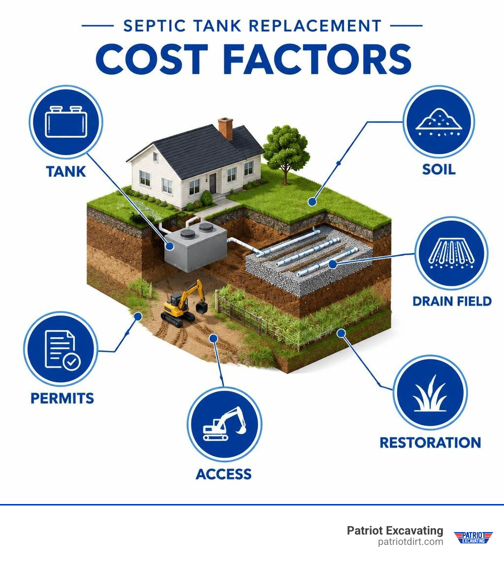 Infographic showing septic replacement factors: tank, soil, drain field, permits, access, restoration infographic