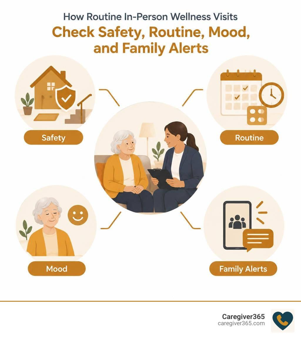 How routine in-person wellness visits check safety, routine, mood, and family alerts infographic
