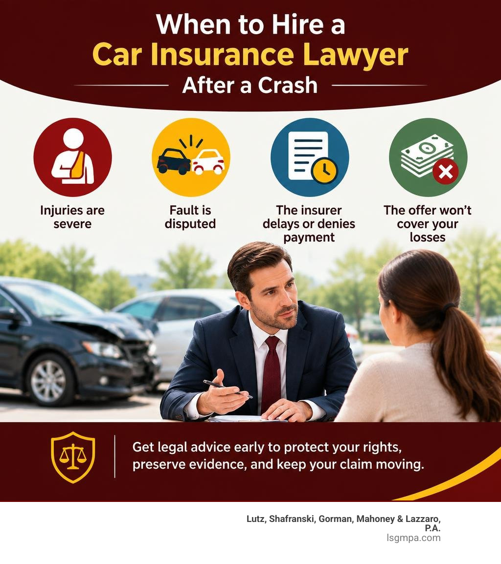 When to hire a car insurance lawyer after a crash infographic When to hire a car insurance lawyer after a crash infographic