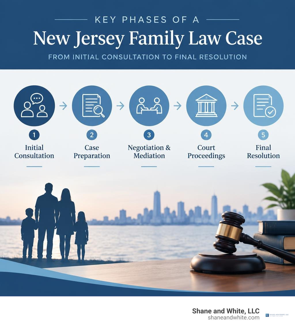 Key phases of a New Jersey family law case infographic