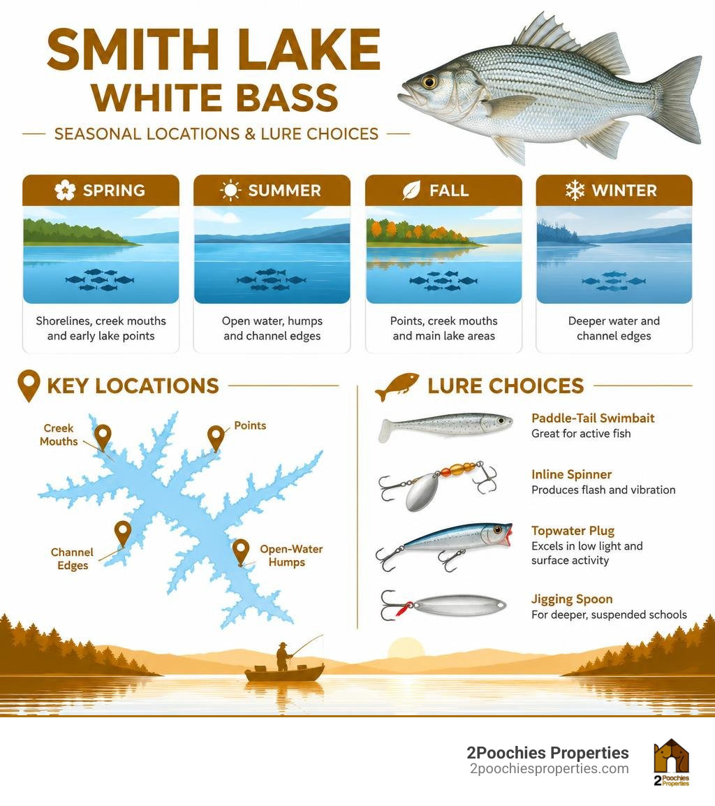 Smith Lake white bass seasonal locations and lure choices infographic