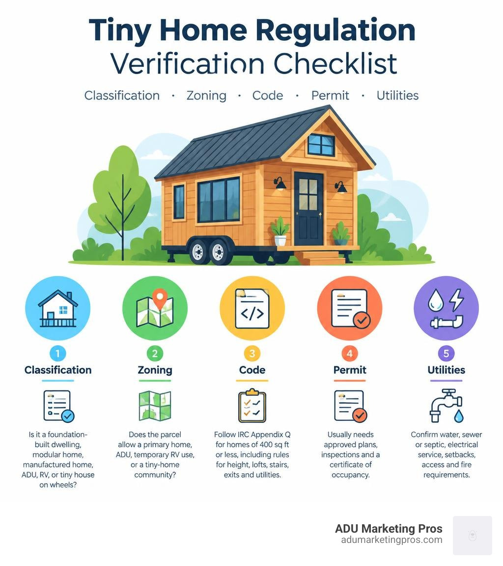 Tiny home regulation verification checklist: classification, zoning, code, permit, utilities infographic