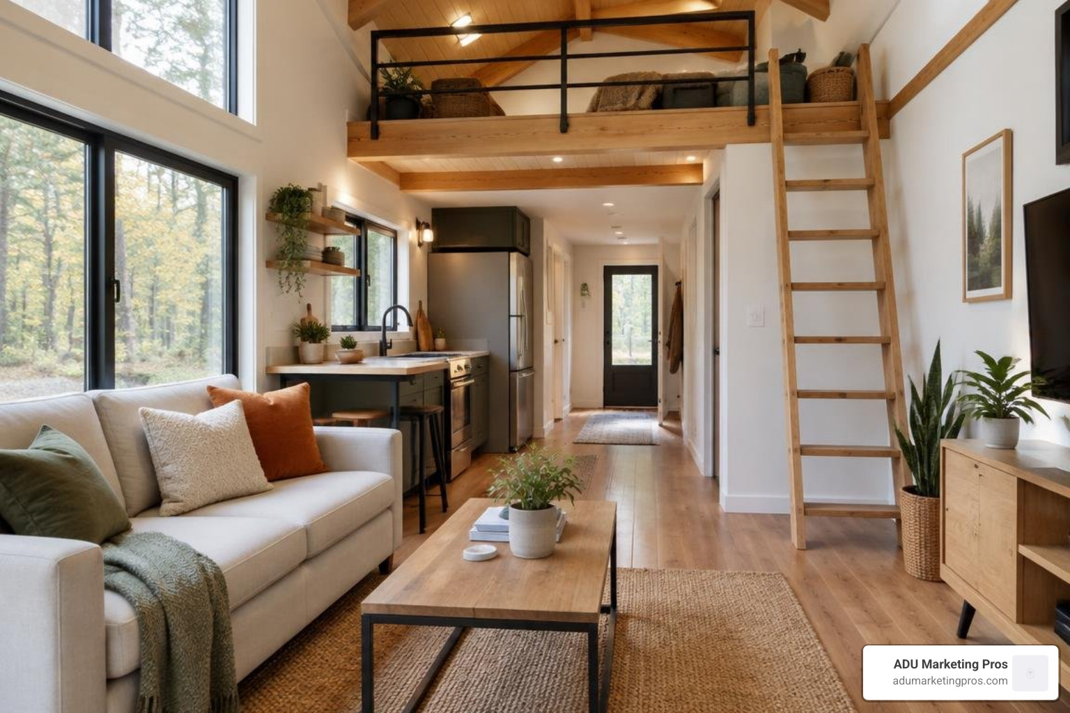 Modern tiny home interior with high ceilings and built-in loft storage