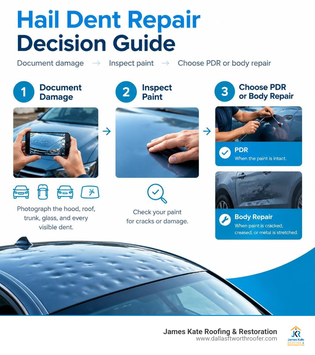Hail dent repair decision guide: document damage, inspect paint, choose PDR or body repair infographic Hail dent repair decision guide: document damage, inspect paint, choose PDR or body repair infographic