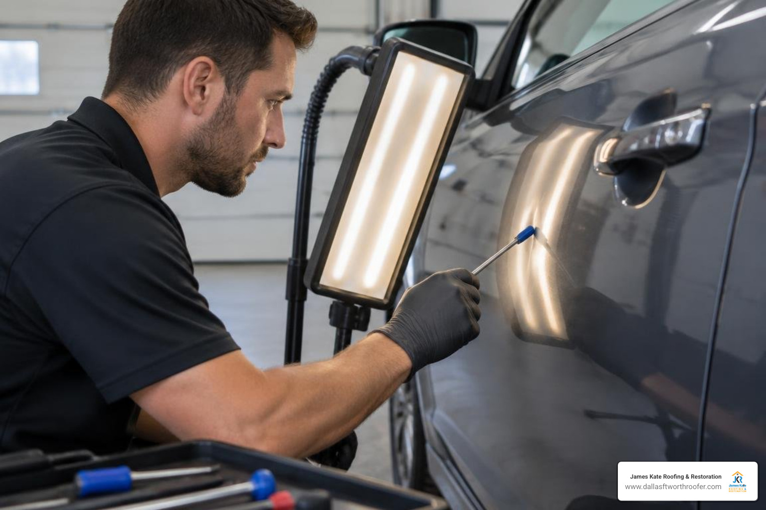 Technician using LED raking light to perform precision hail dent removal Technician using LED raking light to perform precision hail dent removal